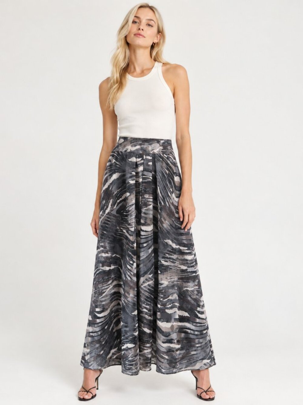 Torn by Ronny Kobo Abstract Zebra Print Pleated Maxi Skirt Black Brown Beige S